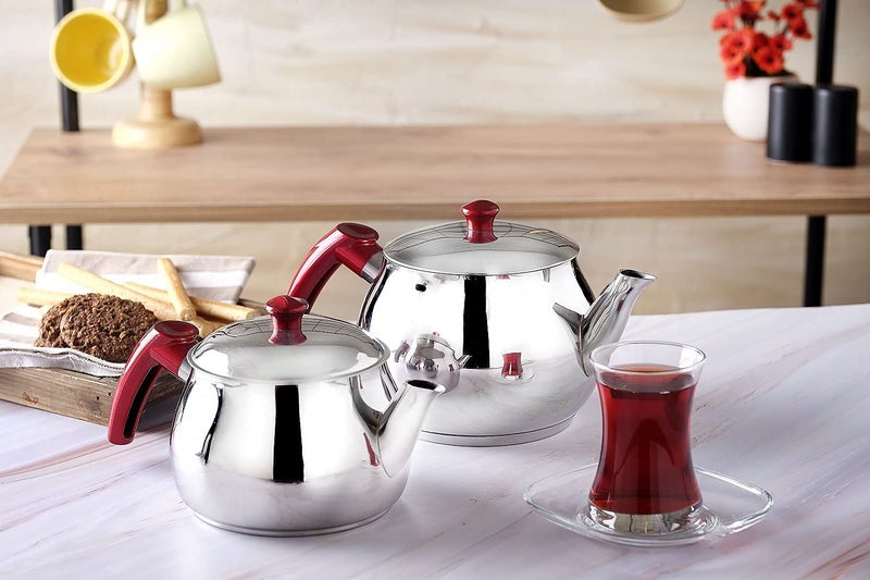 DESTALYA Turkish Teapot Set | Stainless Steel Double Tea Pots for Stove Top | Tea Maker with Strainer | Samovar Tea Kettle, Water Heater (Midi with Red Handles) - Image 4